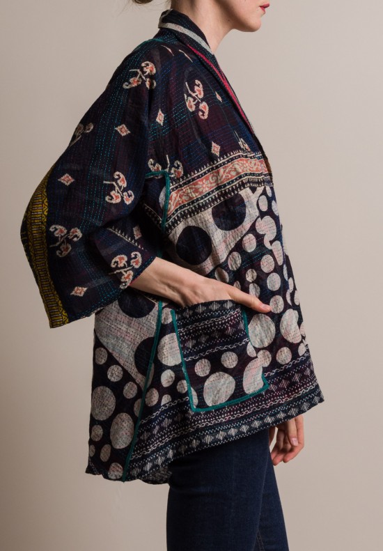 Mieko Mintz 2-Layer Border Patch Kimono Jacket in Navy/Pink | Santa Fe ...