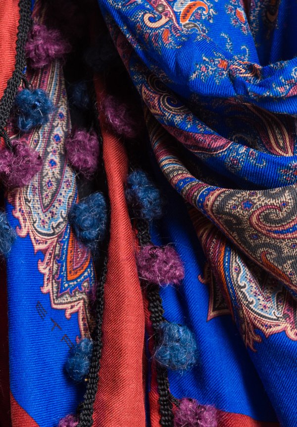 Etro Wool/Silk Pom Pom Scarf in Blue/Rust