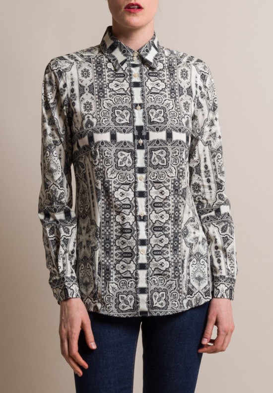 Etro Intricate Paisley Print Tailored Cotton Shirt in Black/White