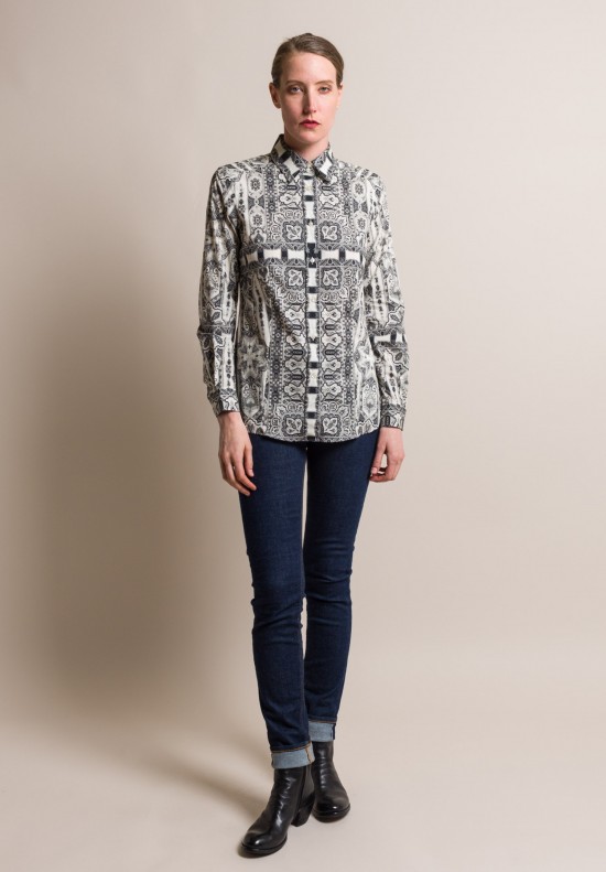 Etro Intricate Paisley Print Tailored Cotton Shirt in Black/White