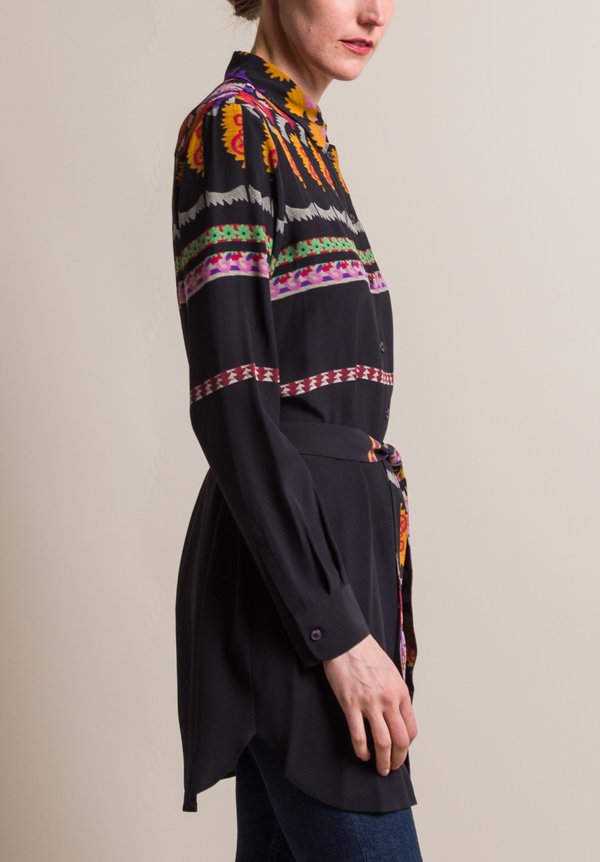 Etro Printed Silk Belted Ipomea Blouse in Black