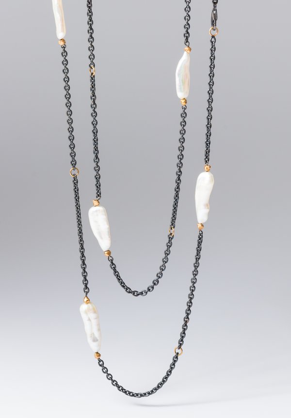 Lika Behar 22K, Oxid. Silver, Large Keshi Pearls Katya Peach Glow Necklace	