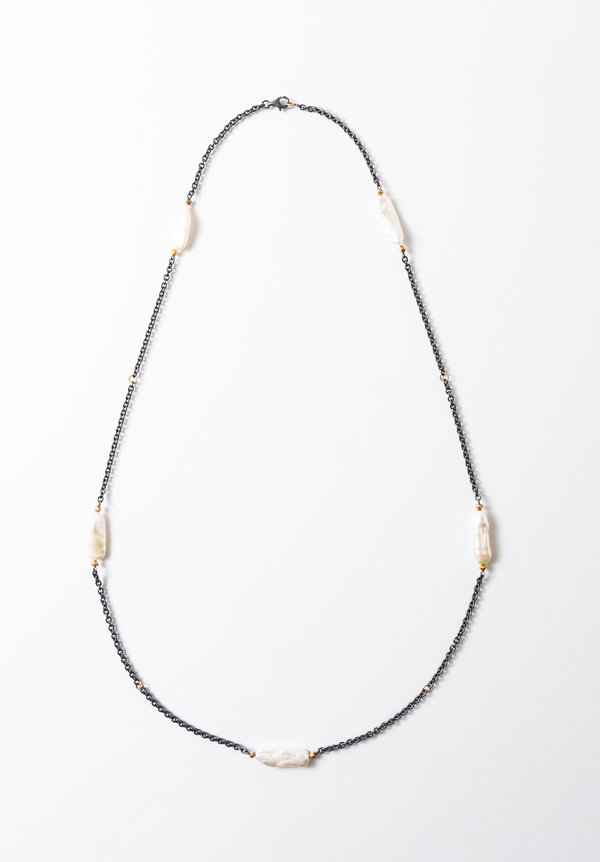 Lika Behar 22K, Oxid. Silver, Large Keshi Pearls Katya Peach Glow Necklace	