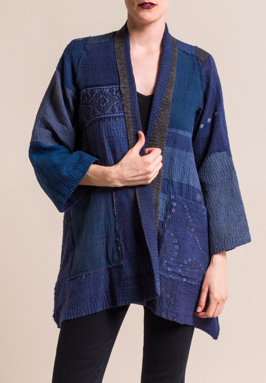 Mieko Mintz Indigo Frayed Patch A-Line Jacket