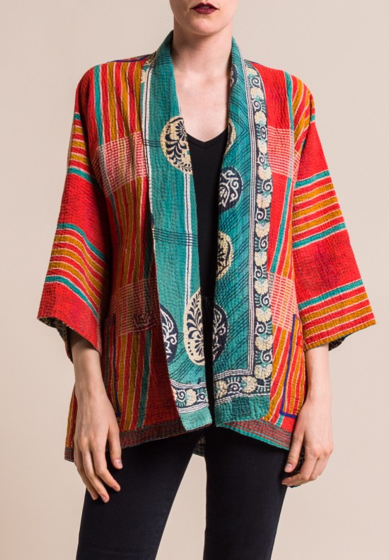 Mieko Mintz 4-Layer Vintage Cotton Kimono Jacket in Orange/Teal