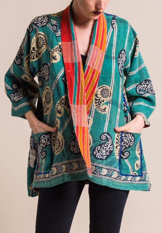 Mieko Mintz 4-Layer Vintage Cotton Kimono Jacket in Orange/Teal