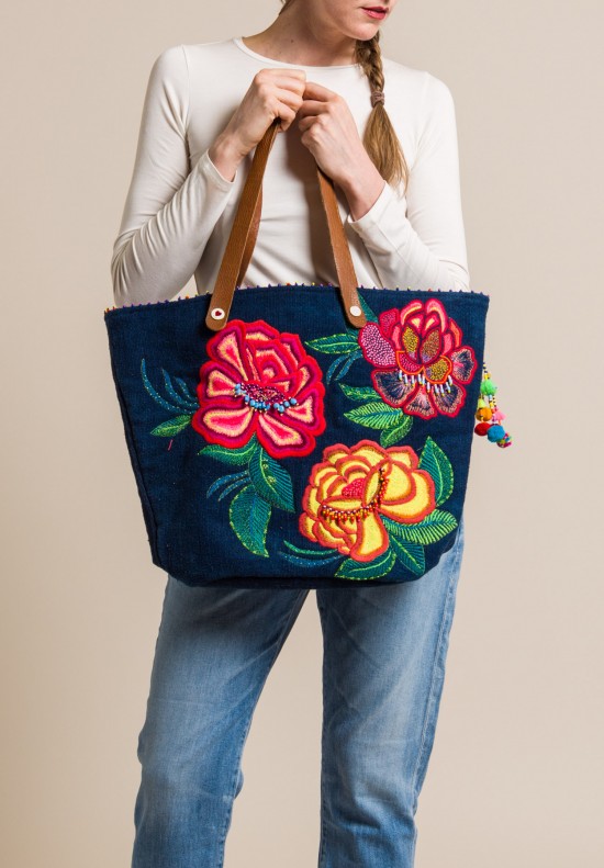 Pero Cotton Floral Embroidered and Beaded Tote Navy