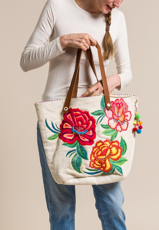 Pero Cotton Floral Embroidered and Beaded Tote Natural
