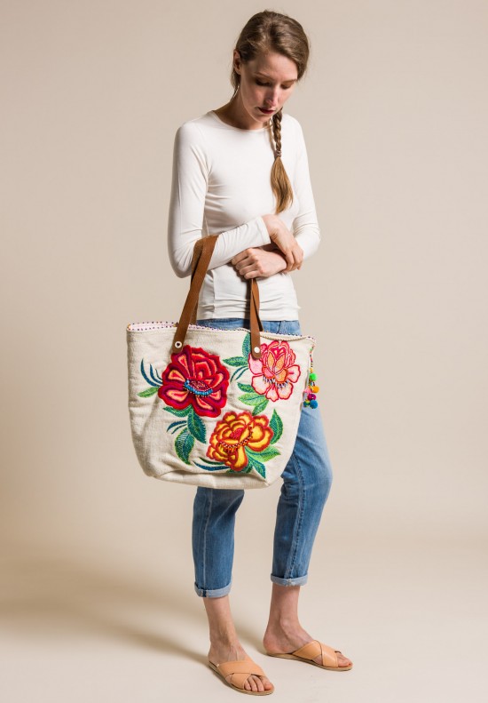 Pero Cotton Floral Embroidered and Beaded Tote Natural