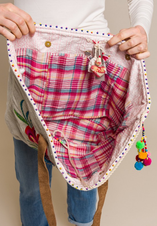 Pero Cotton Floral Embroidered and Beaded Tote Natural