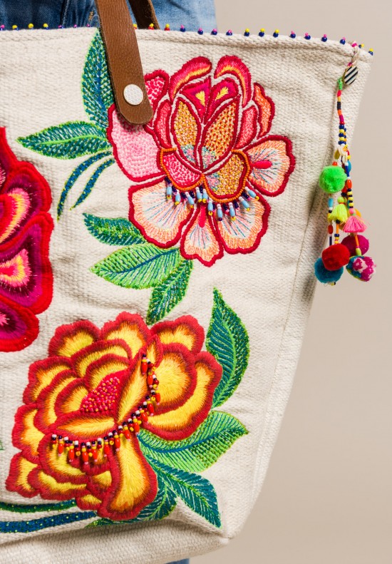 Pero Cotton Floral Embroidered and Beaded Tote Natural