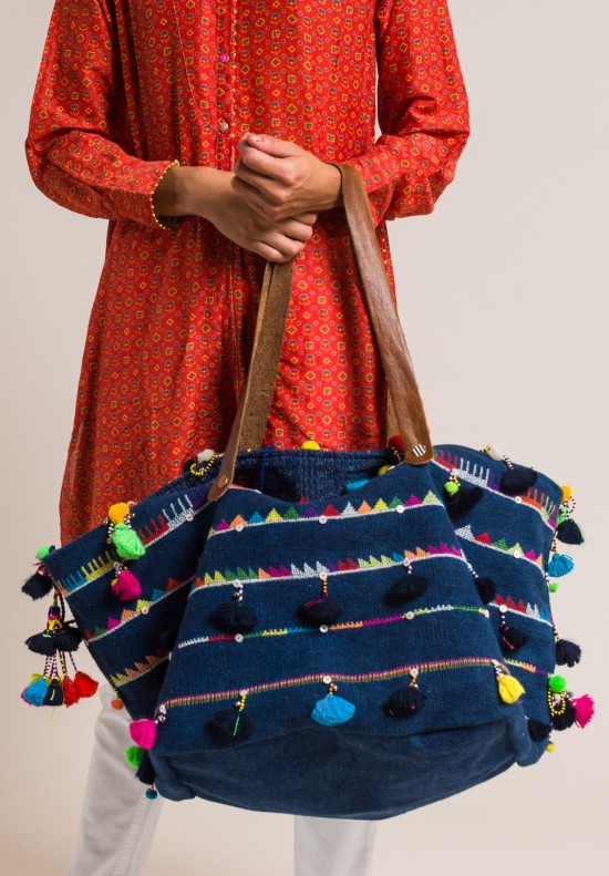 Pero Embroidered Cotton with Tassels and Bells Tote Navy