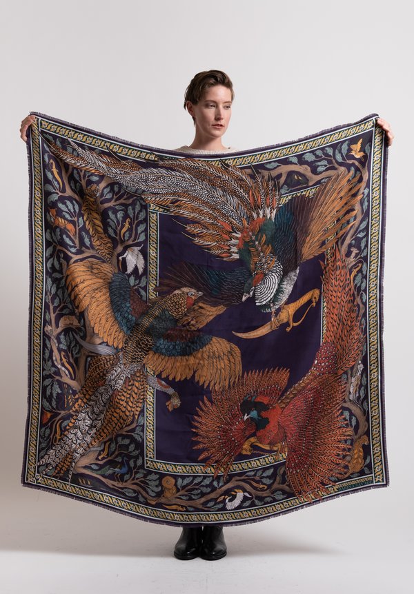 Sabina Savage Silk Twill Pheasant Tree Scarf in Damson/Gold