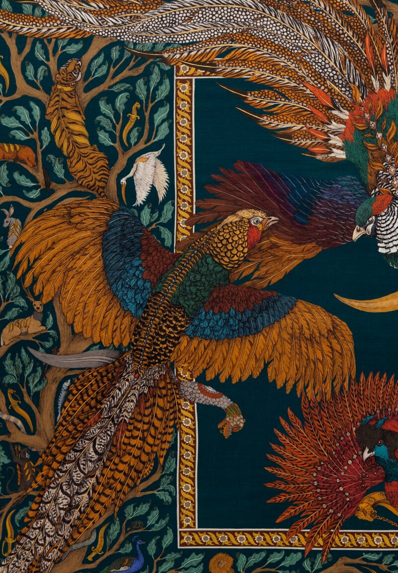 Sabina Savage Wool and Silk The Pheasant's Tree Scarf in Forest Green & Saffron Yellow	