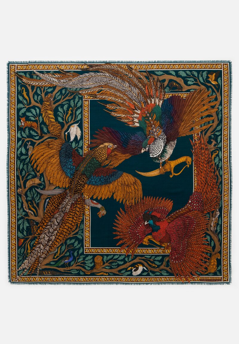 Sabina Savage Wool and Silk The Pheasant's Tree Scarf in Forest Green & Saffron Yellow	