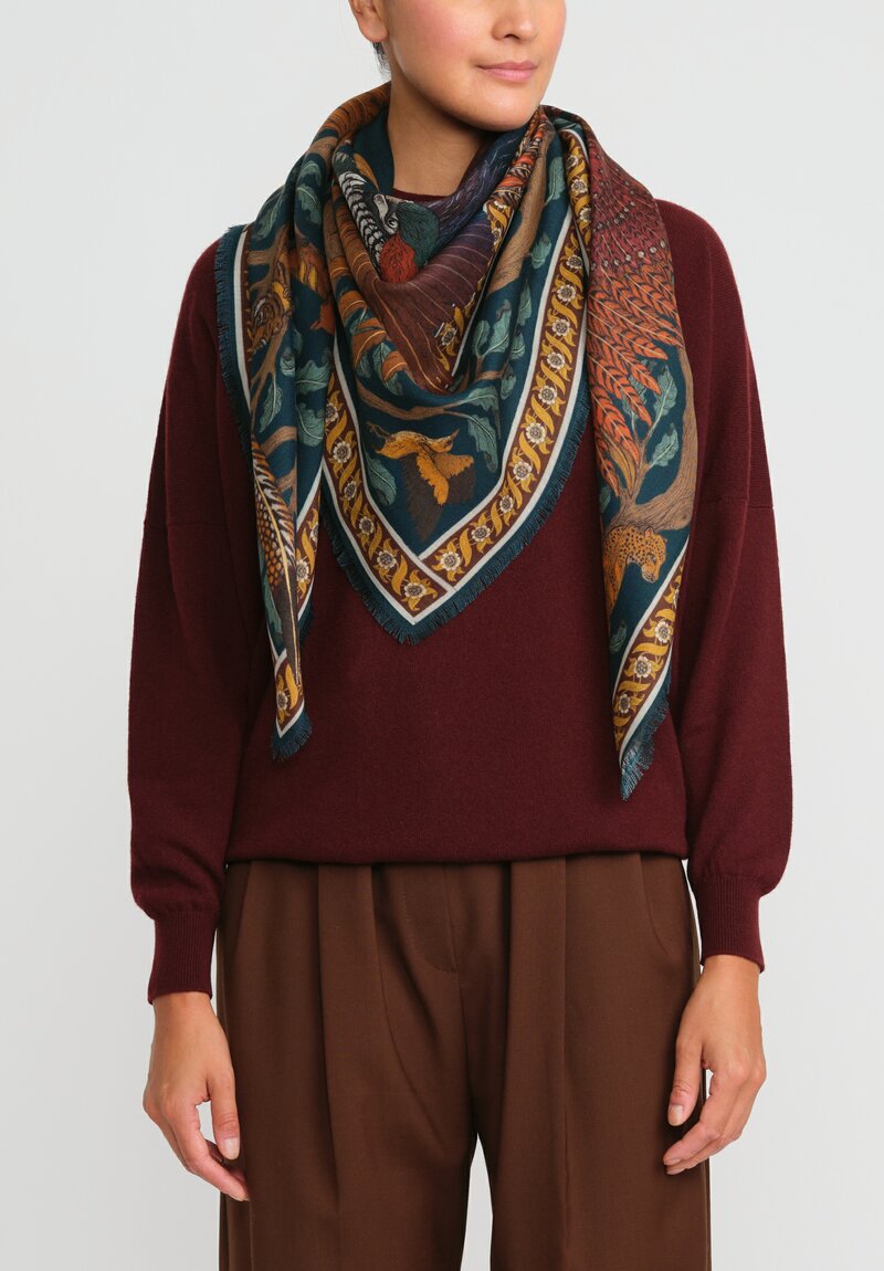 Sabina Savage Wool and Silk The Pheasant's Tree Scarf in Forest Green & Saffron Yellow	