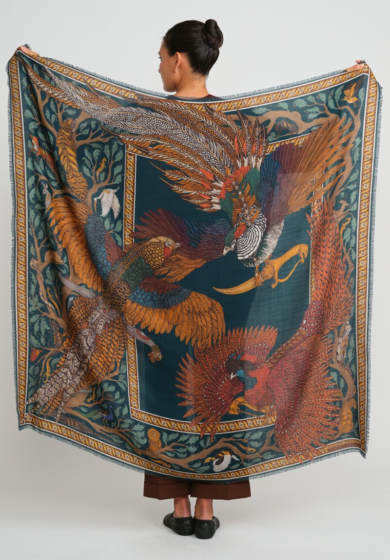 Sabina Savage Wool and Silk The Pheasant's Tree Scarf in Forest Green & Saffron Yellow	