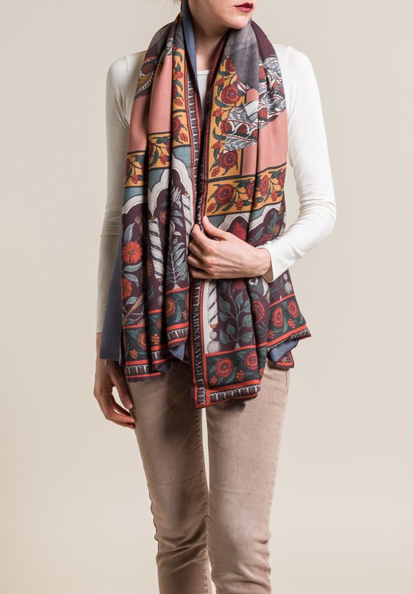 Sabina Savage Cashmere Backed Tipu's Hound Scarf in Mulberry/Tumeric