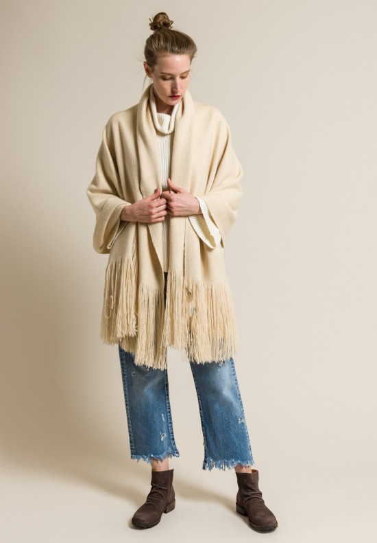Denise Colomb 2-Ply Cashmere Long Fringe Shawl in Ivory