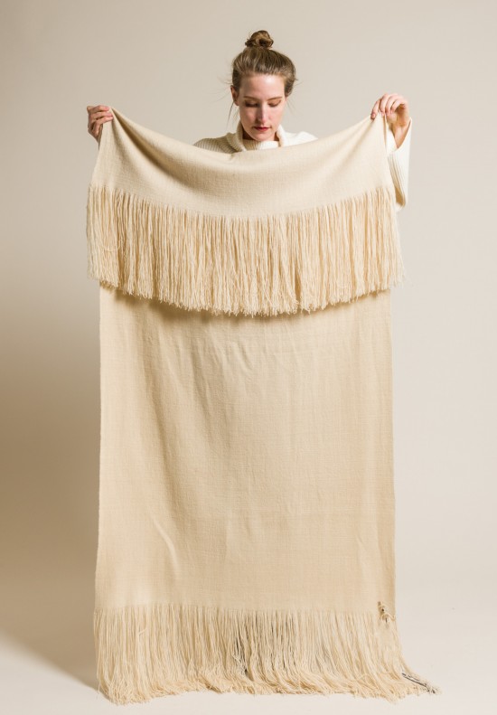 Denise Colomb 2-Ply Cashmere Long Fringe Shawl in Ivory