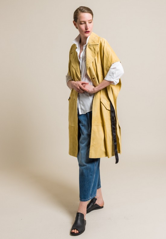 Brunello Cucinelli Double-Breasted Suede Belted Overcoat in Camomile