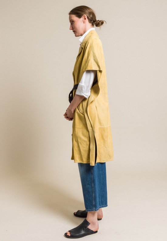 Brunello Cucinelli Double-Breasted Suede Belted Overcoat in Camomile