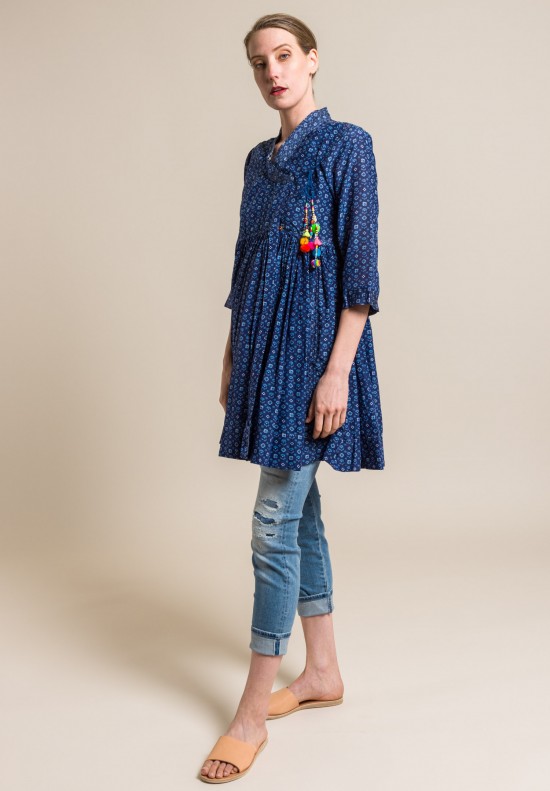 Pero Silk V-Neck Peasant Tunic in Blue