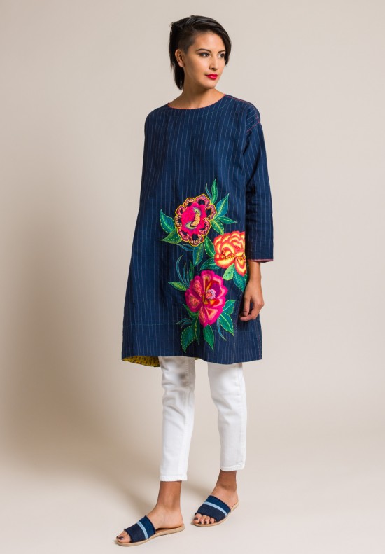 Pero Linen/Cotton Embroidered and Beaded A-Line Stripe Tunic