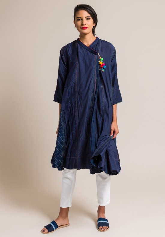 Pero Cotton/Silk Embroidered Peasant Dress in Blue