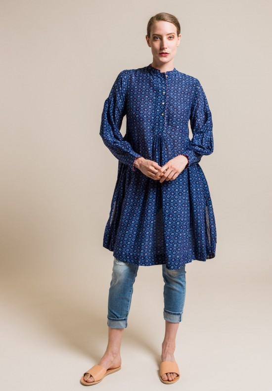 Pero Cotton/Silk Band Collar Tunic in Blue