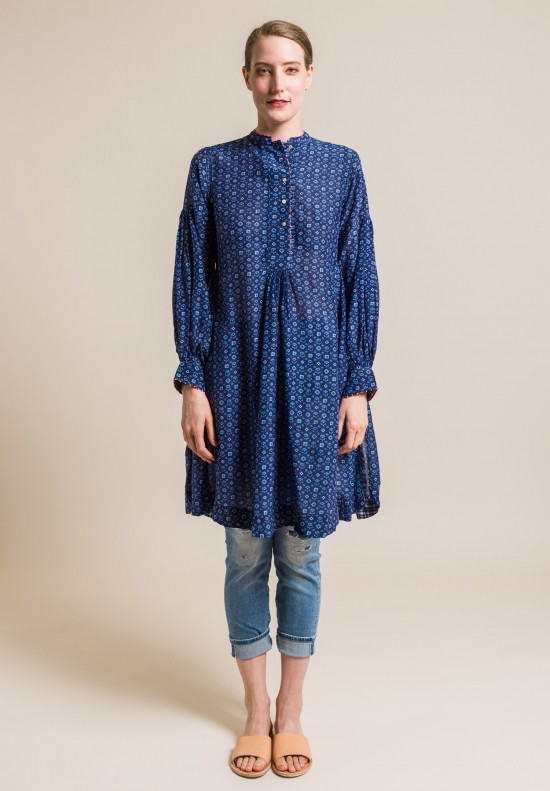 Pero Cotton/Silk Band Collar Tunic in Blue