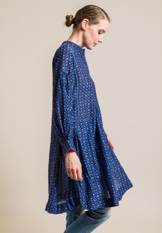 Pero Cotton/Silk Band Collar Tunic in Blue