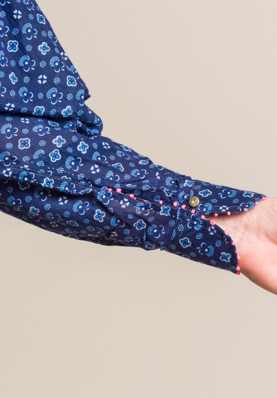 Pero Cotton/Silk Band Collar Tunic in Blue