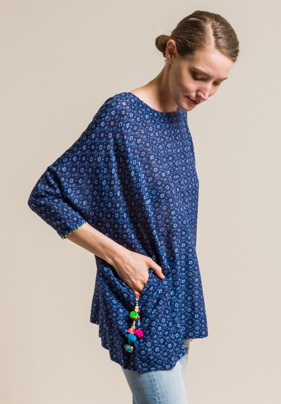 Pero Cotton/Silk Floral Oversize Top in Blue