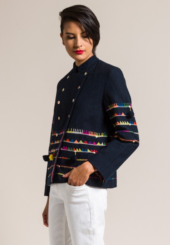 Pero Silk Lined Wool Double Breasted Embroidered Jacket in Navy