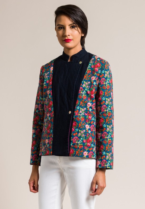 Pero Silk Lined Wool Double Breasted Embroidered Jacket in Navy