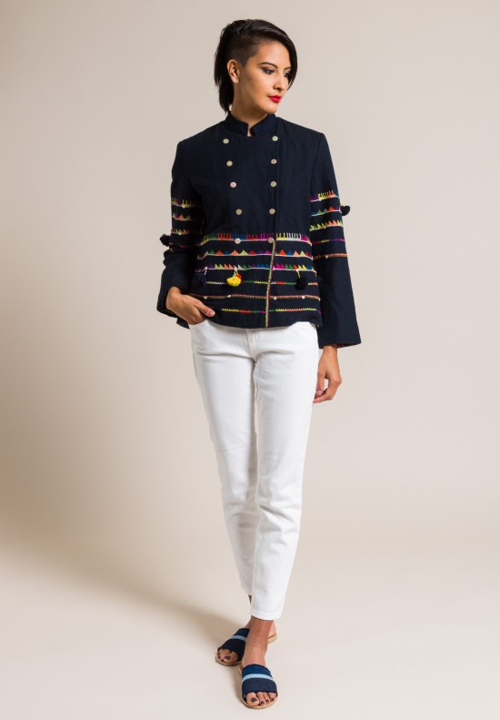 Pero Silk Lined Wool Double Breasted Embroidered Jacket in Navy