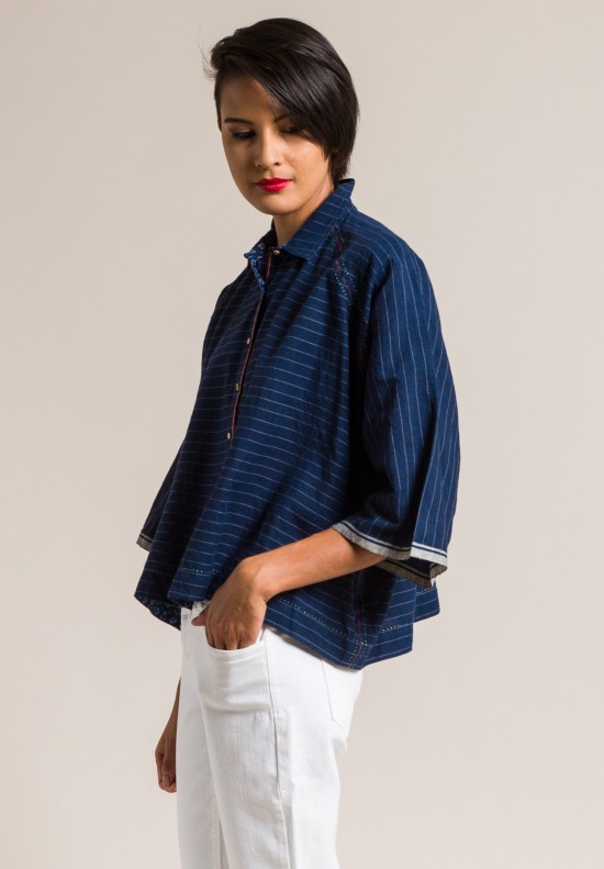 Pero Linen/Cotton Short Oversize Shirt in Blue