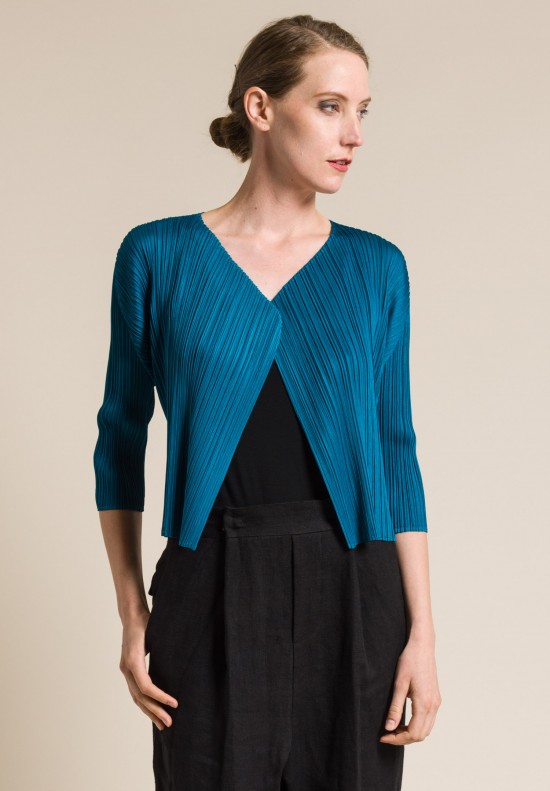 Issey Miyake Pleats Please 3/4 Sleeve Open Pleated Jacket in Teal