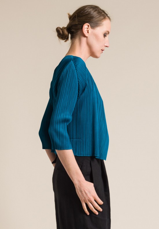 Issey Miyake Pleats Please 3/4 Sleeve Open Pleated Jacket in Teal