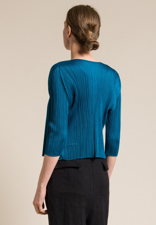 Issey Miyake Pleats Please 3/4 Sleeve Open Pleated Jacket in Teal