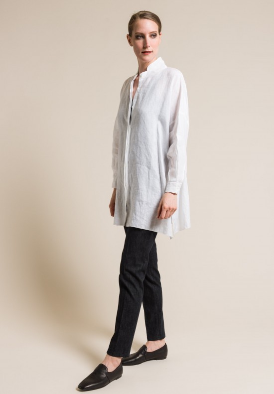 Shi Linen Mandarin Collar Button-Down Tunic in White