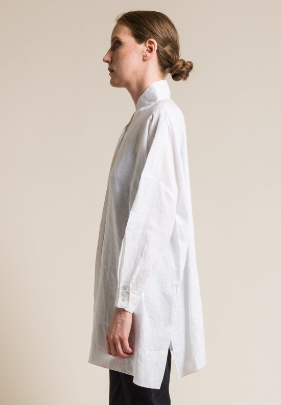 Shi Linen Mandarin Collar Button-Down Tunic in White