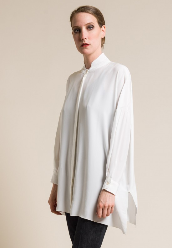 Shi Silk Mandarin Collar Button-Down Shirt in White