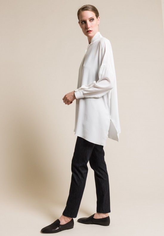 Shi Silk Mandarin Collar Button-Down Shirt in White