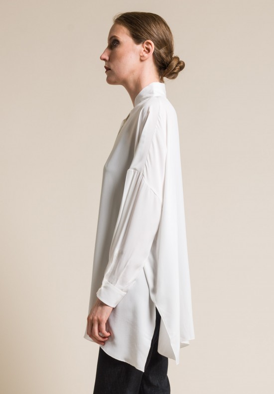 Shi Silk Mandarin Collar Button-Down Shirt in White