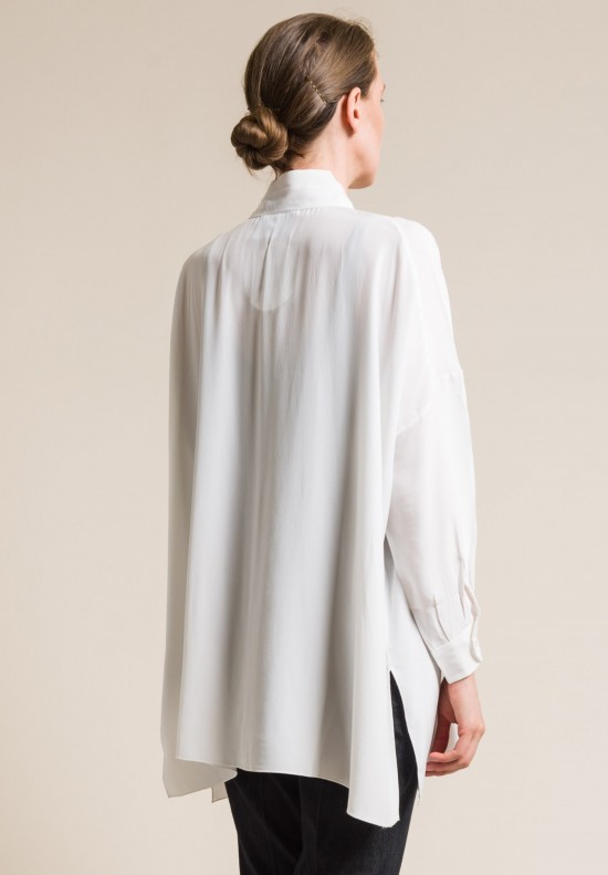 Shi Silk Mandarin Collar Button-Down Shirt in White