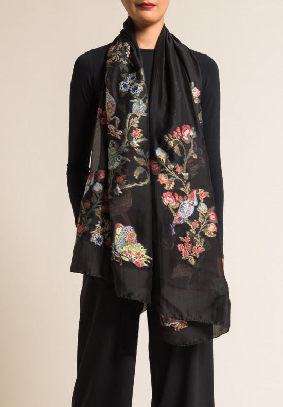 Etro Embroidered Sheer Bird Print Scarf in Black