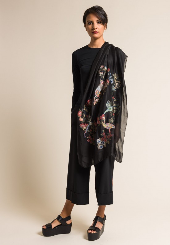 Etro Embroidered Sheer Bird Print Scarf in Black