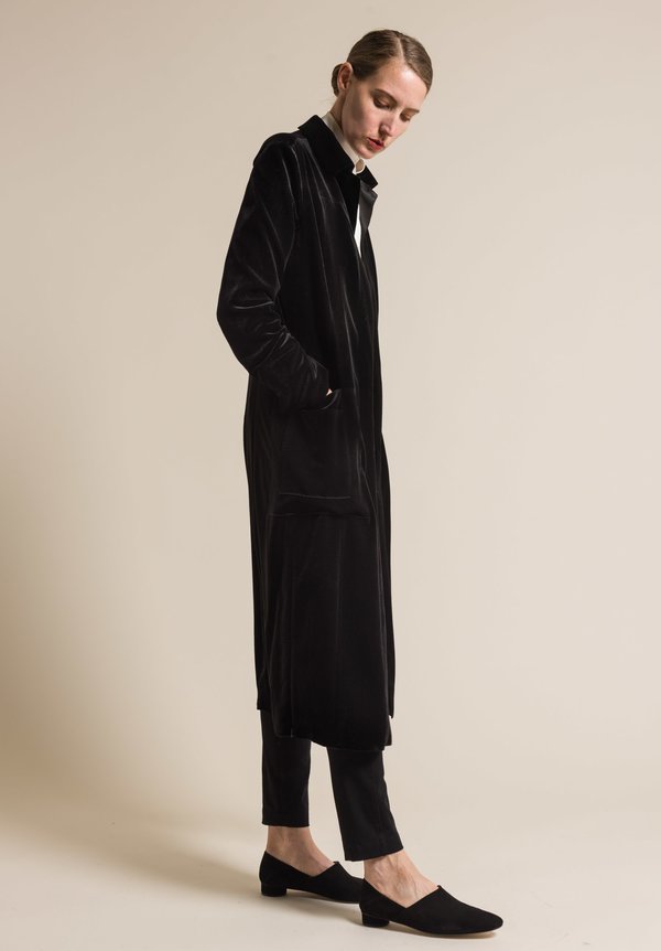 Long Mulberry Silk Velvet Duster, Black Long Cardigan Coat With